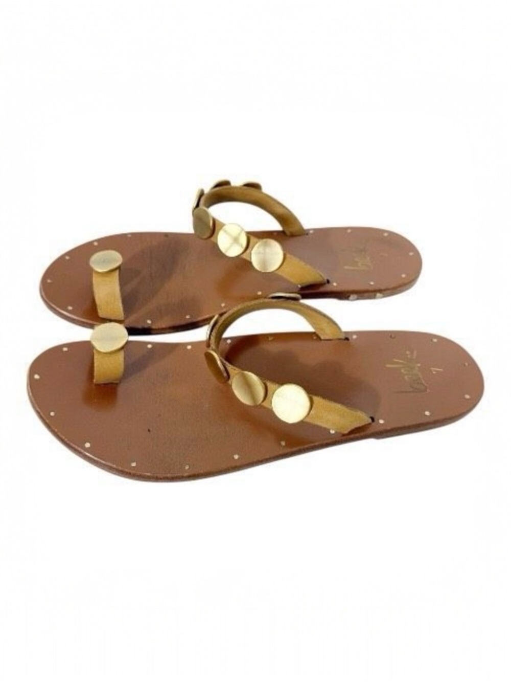 Beek Women’s Ruby Tan Gold Studs Toe Ring Leather Slide Beach Sandal Size 7